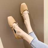 Women Flats transparent Pearl Flats Mary Janes Shoes Woman Slip on Flat Shose Bead Square Toe Ballet Flats Pvc Zapatos mujer