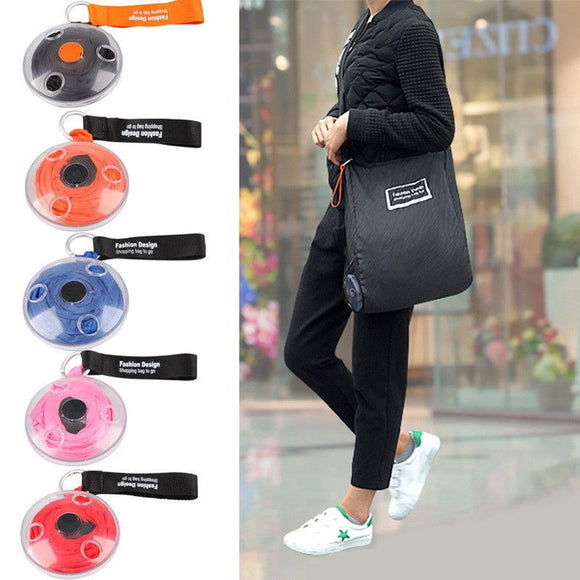 Small Disc Portable Tote In Pouch Reusable Folding Eco Shopping Bag Shoudler Bags Organizer with Carabiner Shopping Bag