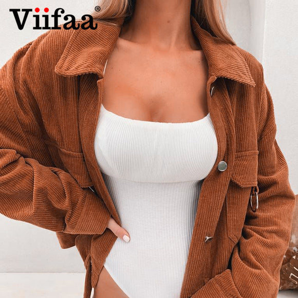 Viifaa Turn Down Collar Corduroy Jacket Women Drop Shoulder Pocket Front Coat Buckle Belted Streetwear 2019 Autumn Jackets