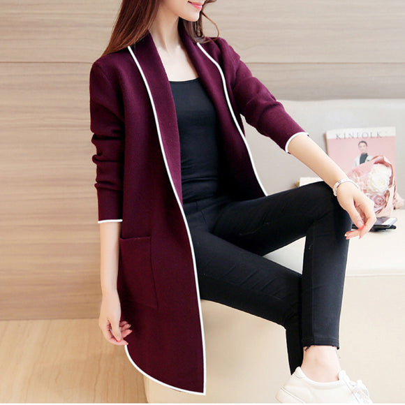 Women Autumn Winter Pockets Long Sleeve Cardigan Slim Fit Long Soft Coat Female Fashion Warm Wine Red Slim Jacket Coat