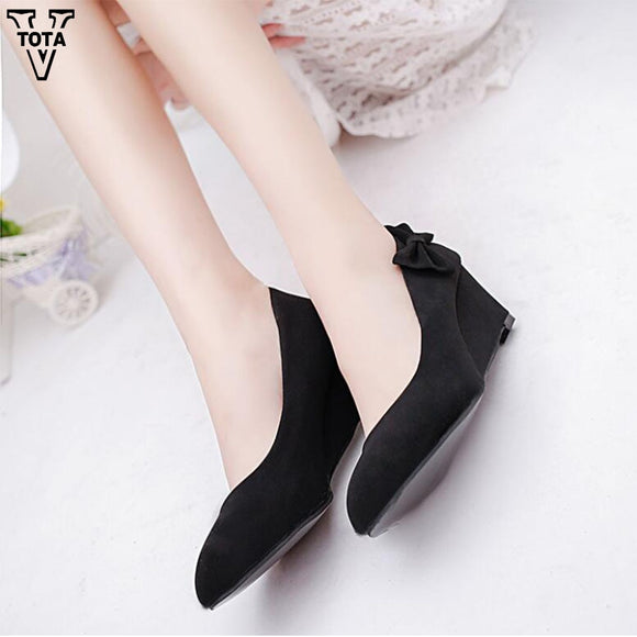 VTOTA Pumps Women Platform Wedges Pumps Bow-knot Flock Soft Spring Autumn Women Pumps Slip On Casual Black Ladies Shoes LS