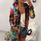 Women Print Bomber Jacket Coat Casual Windbreaker Thin Slim Overcoat Spring Autumn Female Pocket Zipper Hooded Outwear