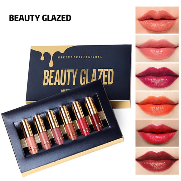 BEAUTY GLAZED 6 Colors Matte Lipstick Set Waterproof Long Lasting Lip Gloss Nude Velvet Pigment Batom Women Fashion Lip Makeup