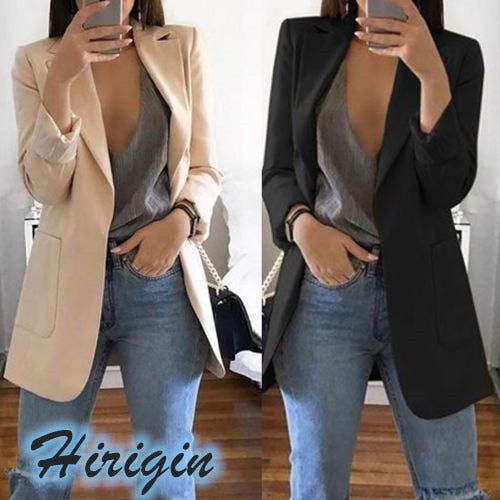 Summer Women Clothes 2019 New Casual Women's Slim Long Sleeves Turn-Down Collar Cardigan Mid Solid Coat